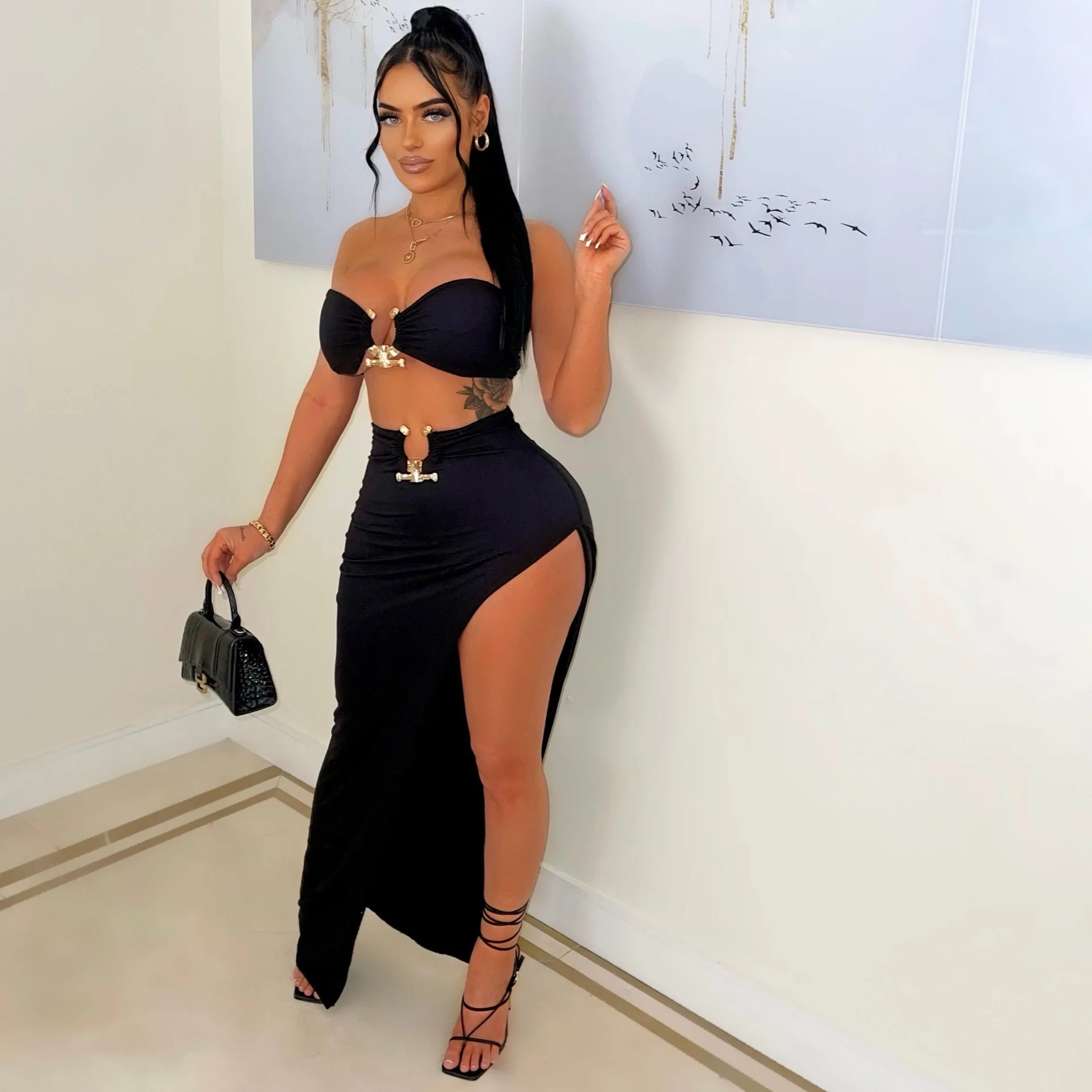 Summer Women's Set Sleeveless Chest Wrap Top And Slim-Fit Maxi Dress High Split Suit Comfortable Ladies Two-Piece Outfits