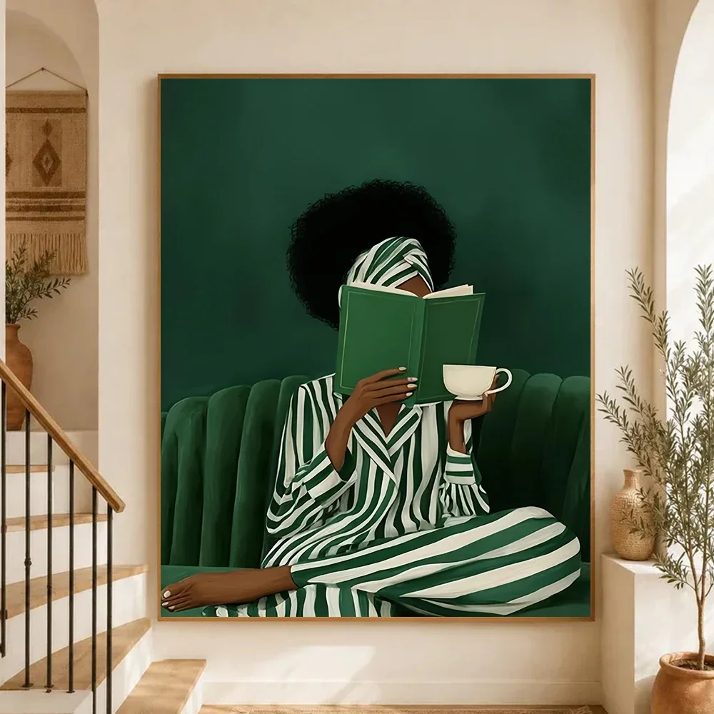 Emerald Green Modern African American Woman Canvas Wall Art Black Woman Poster Print Minimalist Africa Lady Canvas Painting