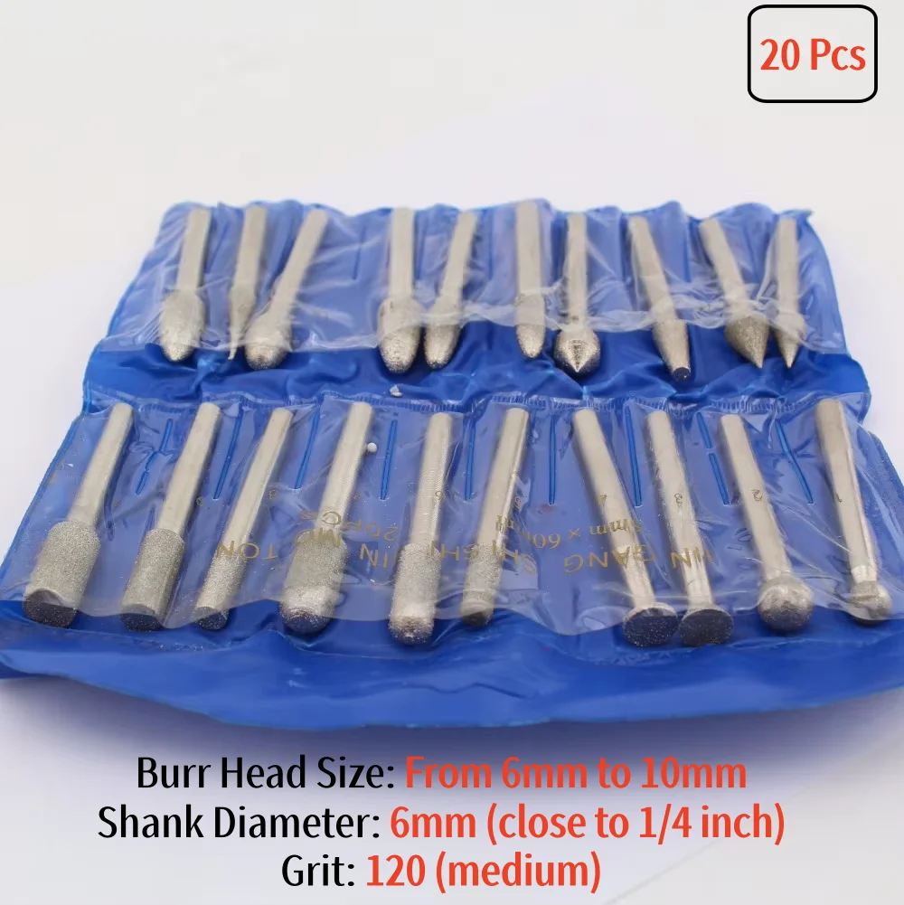 20Pcs Diamond Grinding Head Coated Rotary Burr Bit Grinder Points Burrs Set 6mm Shank Grit 120 Lapidary Tools for Gem Stone