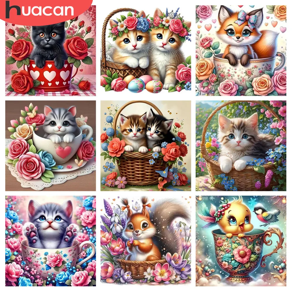 HUACAN-pintura de diamante de gato y flor, Kit completo de taza de Animal 5D Diy, mosaico de diamantes completo, punto de cruz de flor rosa