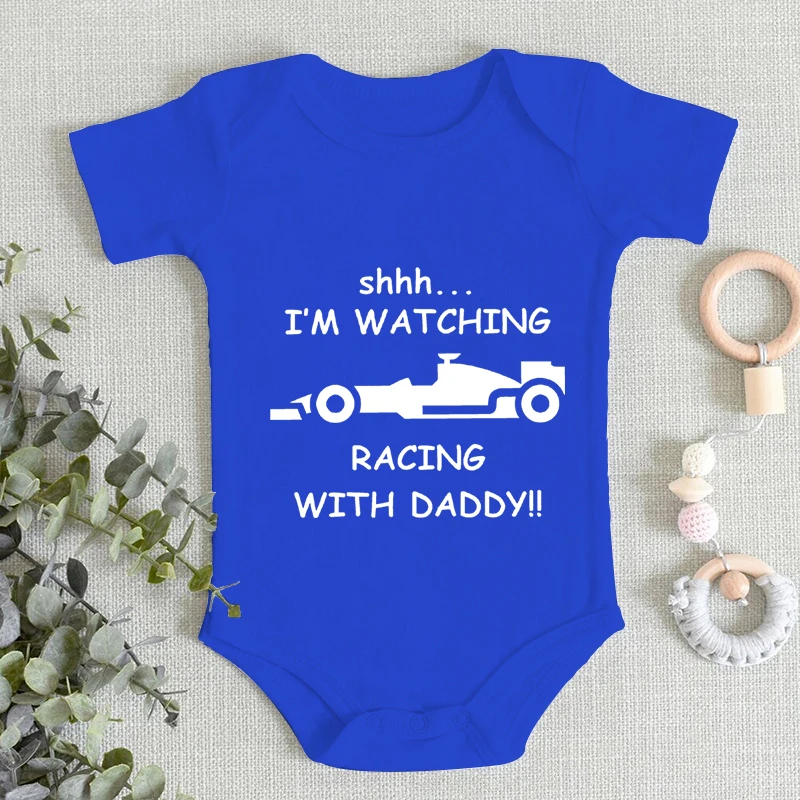 Baby Boy Bodysuits I\'m Watching Racing with Daddy Print Romper Short Sleeve 100% Cotton Funny Racing Pattern Newborn Jumpsuits