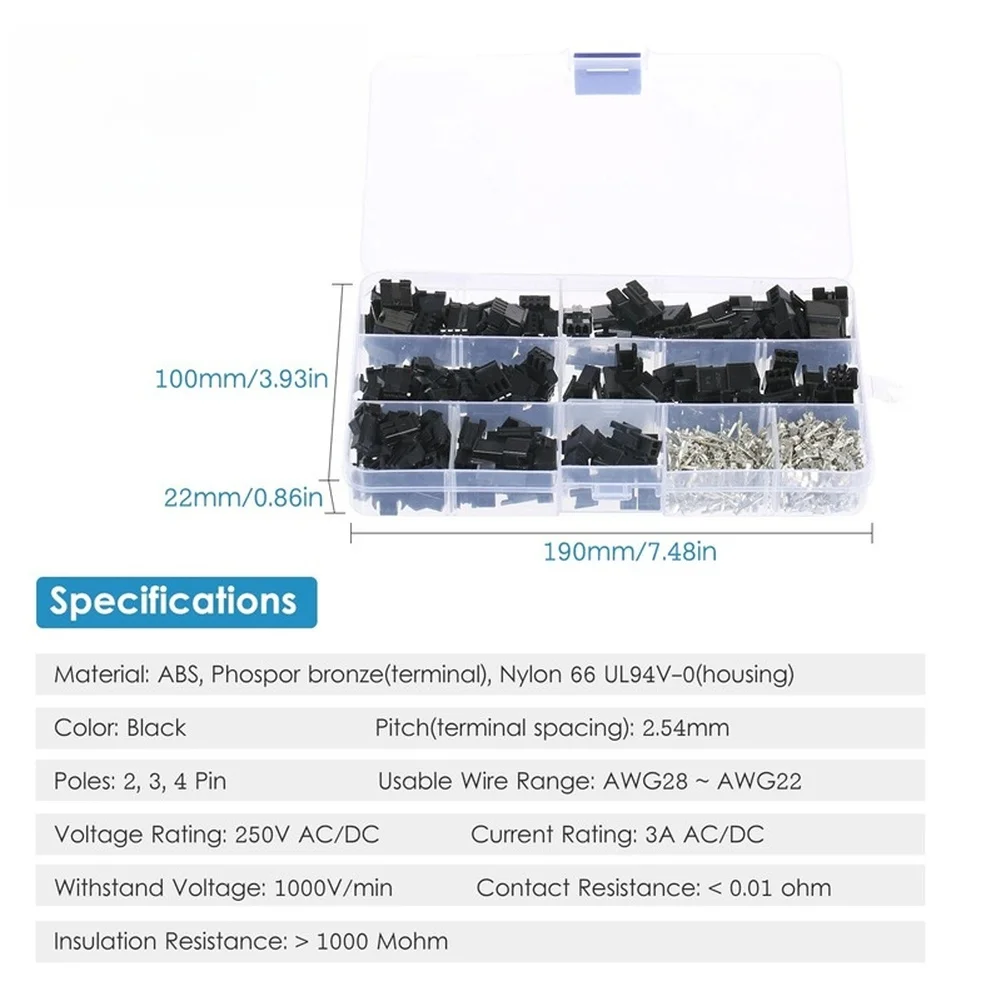 480PCS SM Electrical Connector Kit 2.54mm Pitch 2P 3P 4P Terminal Assortment ABS Nylon Housing For Wire Cable Soldering Projects
