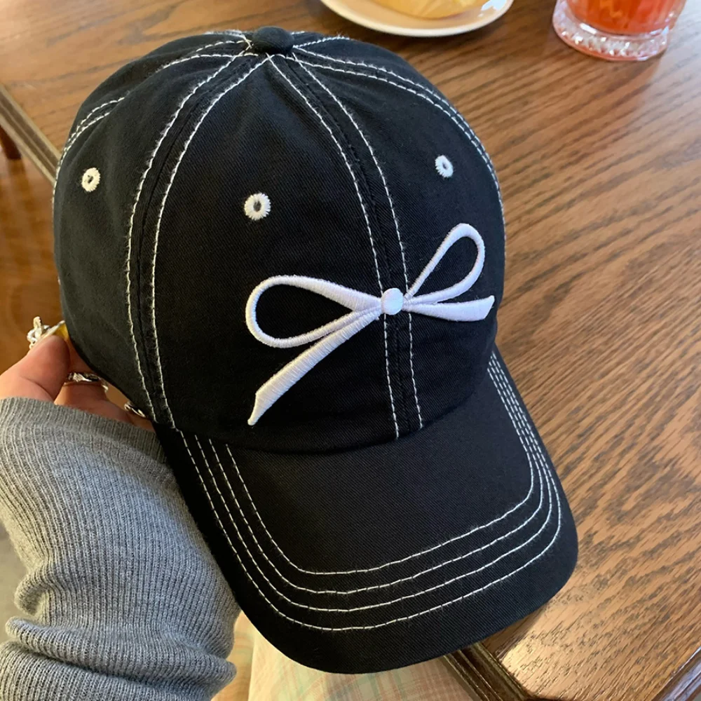 Bow Embroidery Baseball Caps Casual Show Face Small Washed Cotton Sun Hat Adjustable Visor Cap