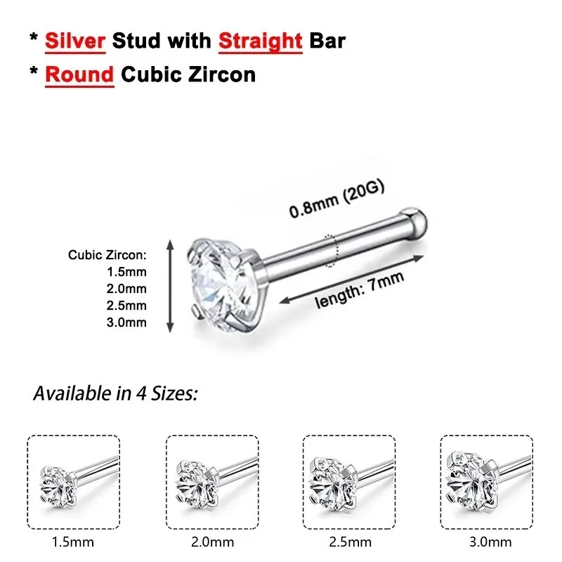 4PCS Round Diamond CZ Nose Bone Studs Rings, Piercing Jewelry