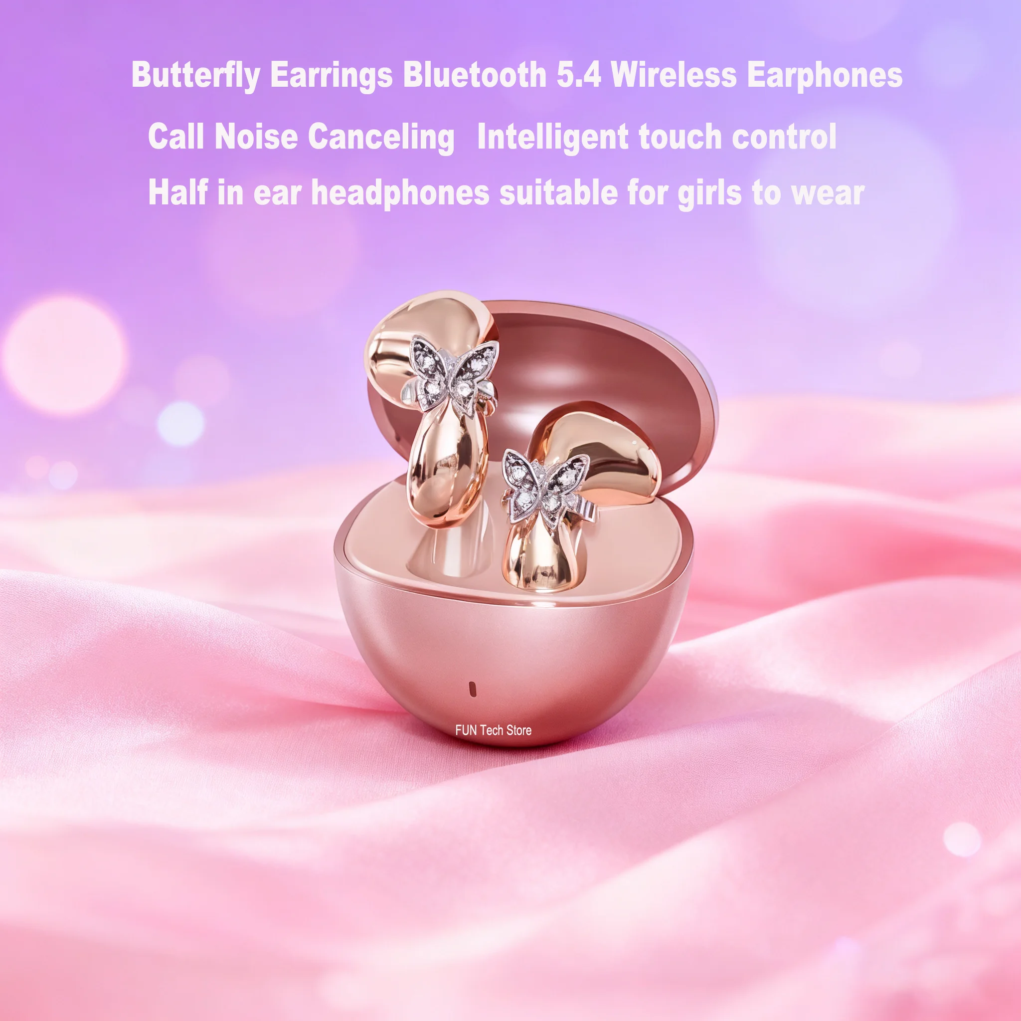 

Bluetooth 5.4 Wireless Earphones Butterfly Earrings Half In Ear Noise Canceling Waterproof Touch Control Earbuds For Girls Gift