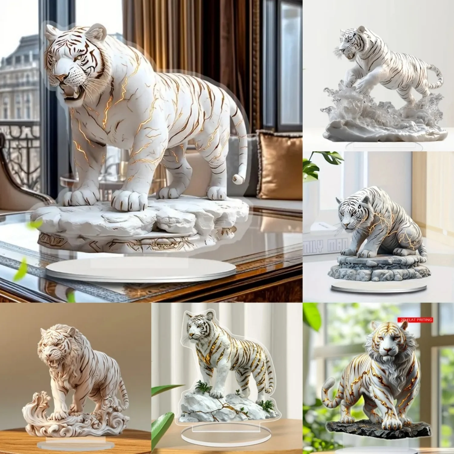 Fierce White Tiger Statue,2D Flat Animals Acrylic Figurine,Home,Office,Cafe,room,display Case,Table Ornament Desktop Decor Gift