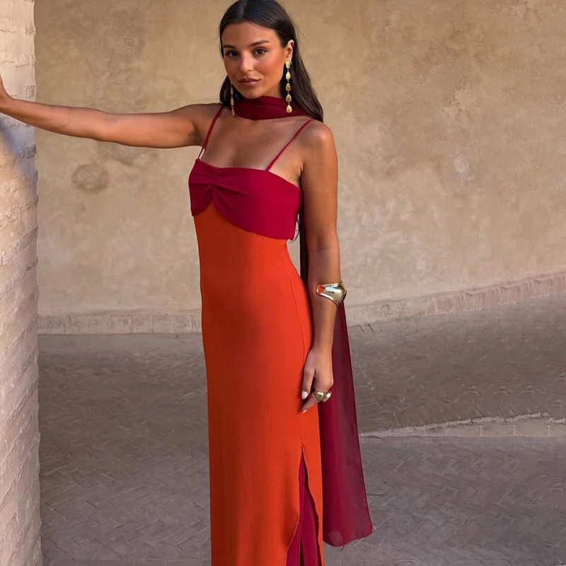 Modisches Damenkleid mit Farbblockdesign, Schalkragen und sexy Schlitz, Tailliertes Bodycon-Maxikleid für Club-Partys und Festlichkeiten