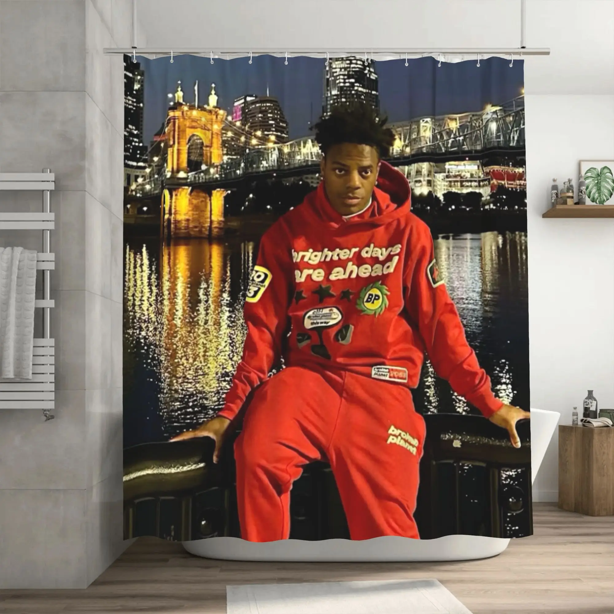 

«Хороший дизайн] Занавеска для душа с изображением речной сцены — полиэстер, крючки, машинная стирка, всесезонный декор для ванной комнаты, идеальный подарок»