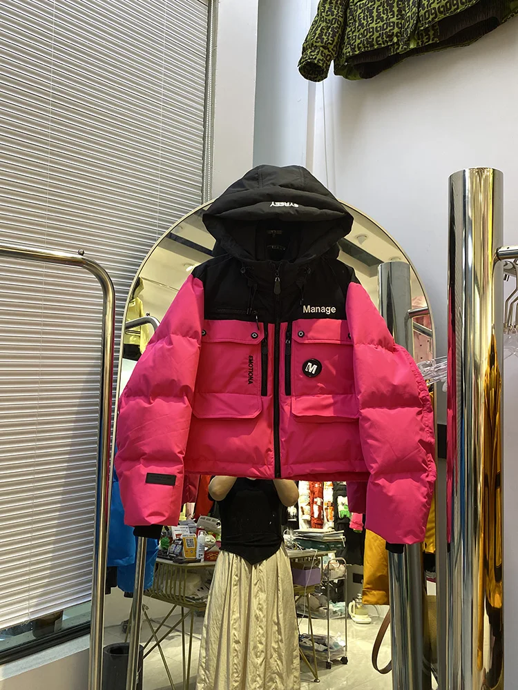 Trendy short workwear down jacket women's winter new style letter printing hooded splicing contrasting white duck down coat