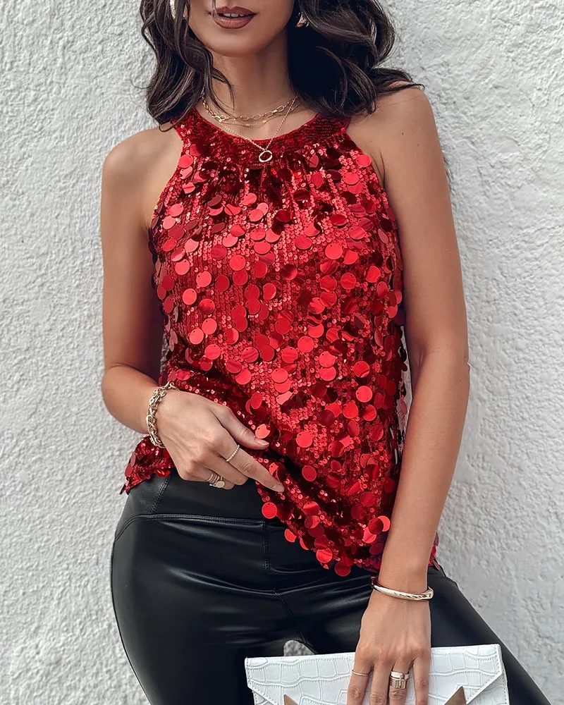 

Summer Women Beaded Sequin Tank Top Sexy Halter Sleeveless Cold Shoulder Short Vest Top Casual Slim Fit Party Clubwear