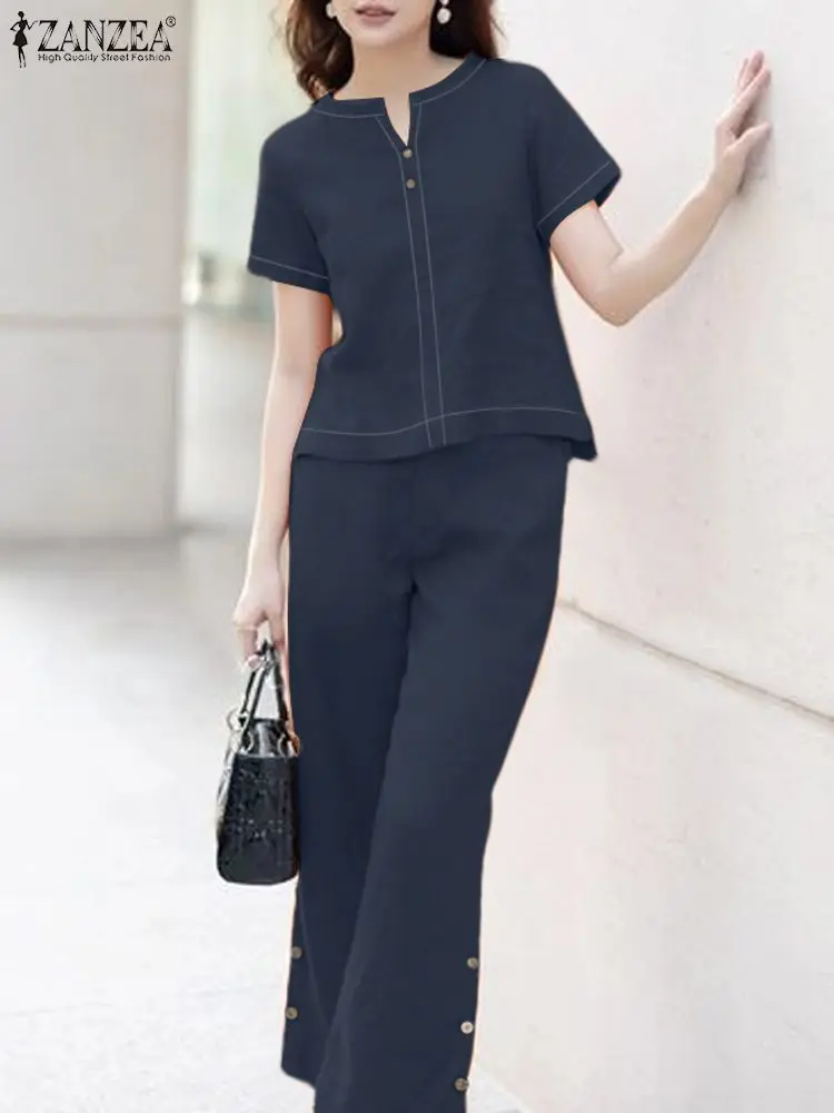 ZANZEA Summer V Neck Short Sleeve Blouse OL Trousers Suit 2PCS Elegant Women Office Work Matching Sets Solid Loose Tracksuits