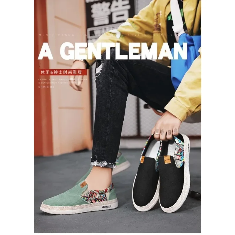 Men Slip On Canvas Espadrilles Ethnic Print 2026 Summer Breathable Handmade Straw Sole Daily Casual Walking Footwear