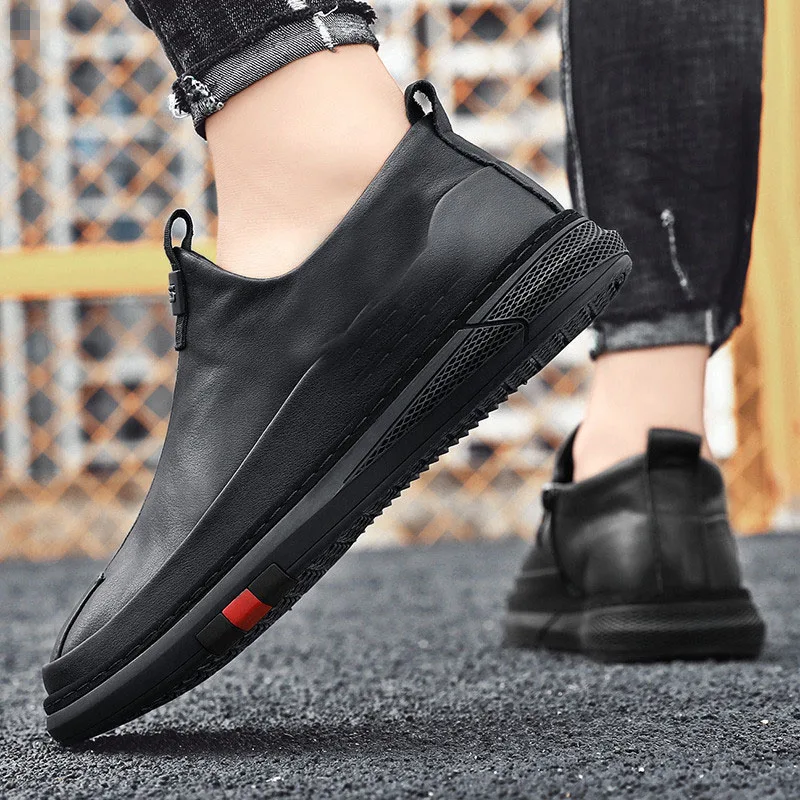 Man PU Leather Casual Shoes Man Sneakers Comfortable Slip on Flats  Fashion Korean Shallow Loafers Zipper Flat Sneakers 2023