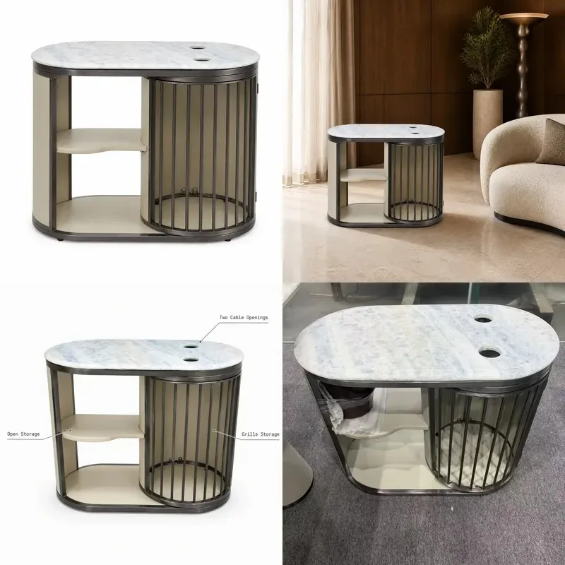 Natural Crystal Ocean Blue Marble Side Cabinet 800x420mm Leather Wrapped Metal Frame Locker for Living Room Hotel Wholesale
