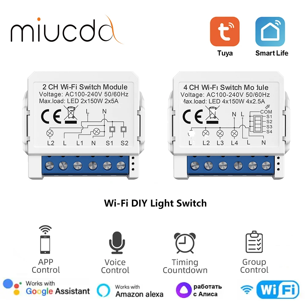 MIUCDA Tuya WIFI DIY Light Switch Module, two-way control DIY circuit breaker 1 to 4 channels, compatible with Alexa,Google Home