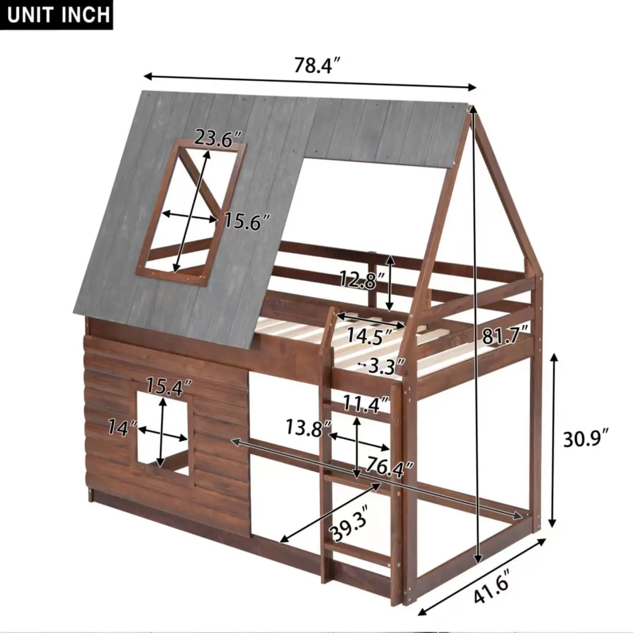 Twin Over Twin Bunk Bed Wood Frame House Shaped With Roof,Ladder And 2 Windows For Kids Teens Girls Boys,Oak & Smoky Grey