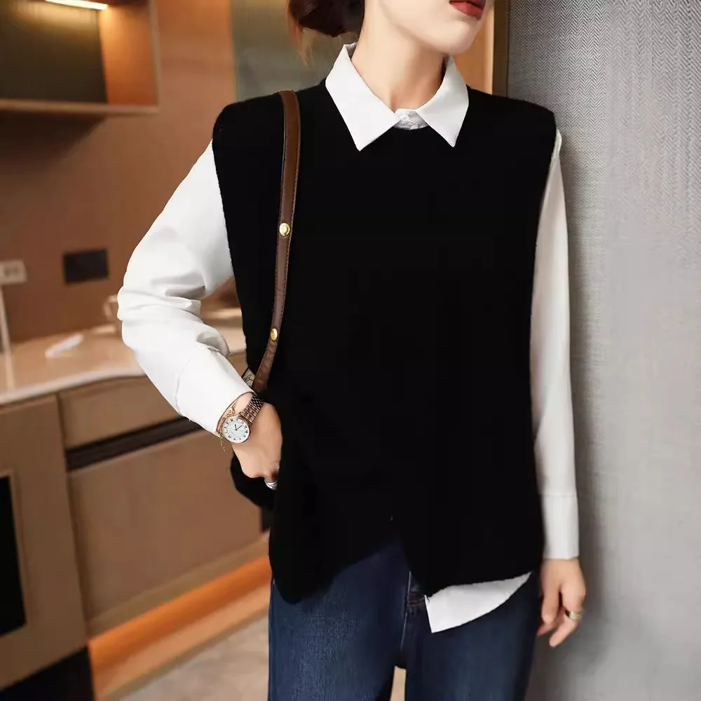 New 100% wool sweater vest knitted garment outer vest layered style slit design pure wool fashionable sleeveless style