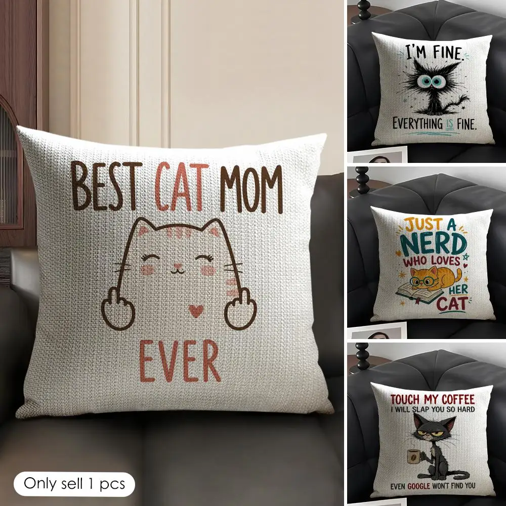 Cat and Book Cushion Cover Linen Organic Fabric Double-Sided Printing Sofa Breathable Home Decor Gift Pillow Case