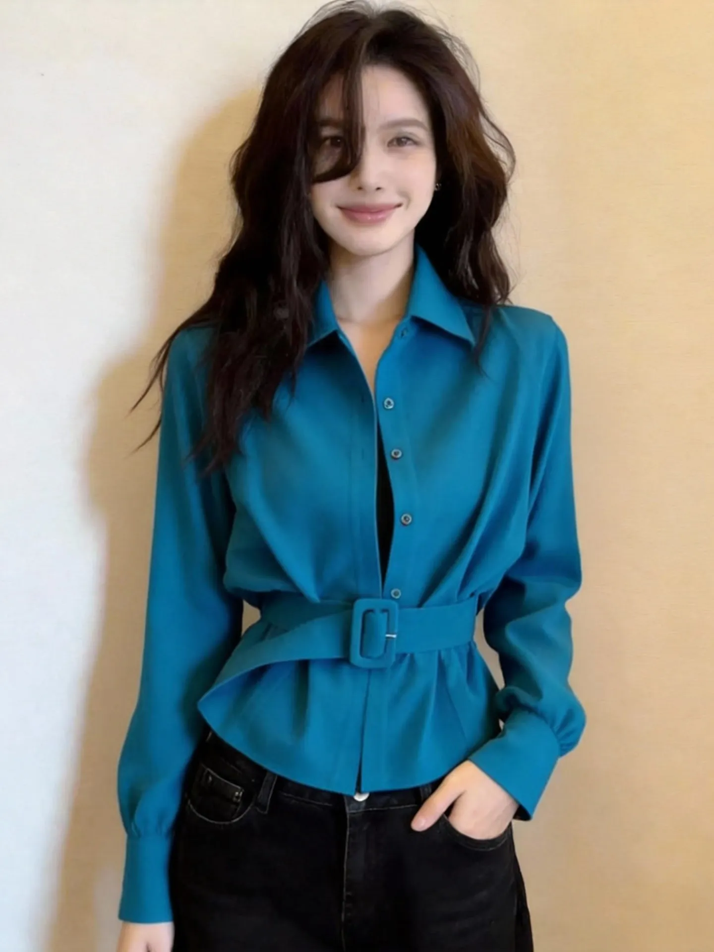 

Ele Blue Long Sve irt with Waist Cinching Collar Stand up Faionable Commute Top Women's Premium Straight Cut Blouse