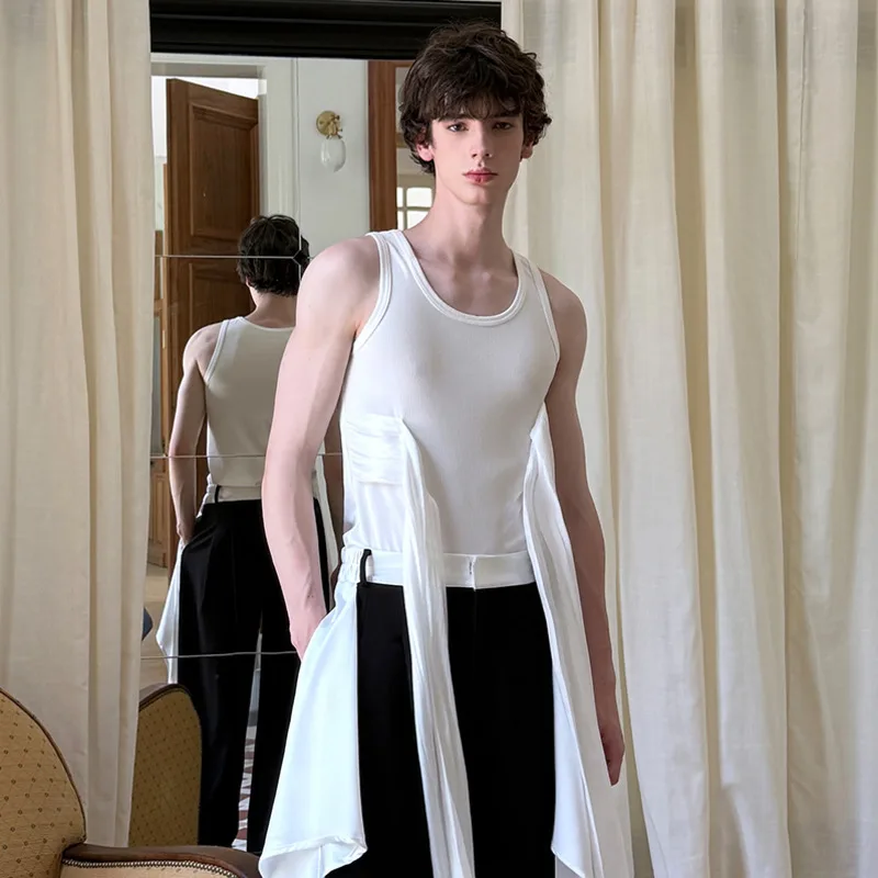 LUZHEN Fashion Personalized Ribbon Patchwork Decorate Sleeveless T-shirts Men's Streetwear 2025 New Solid Color Tank Tops JY3204