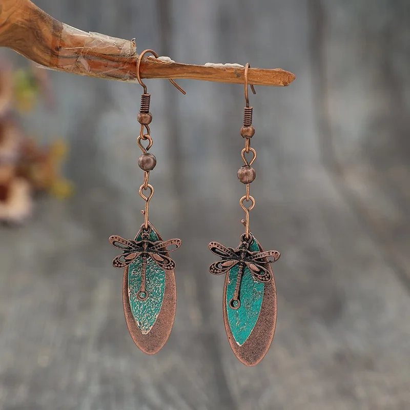 Vintage Copper Color Boho Dragonfly Green Stone Dangle Earrings Metal Carving Earrings for Women