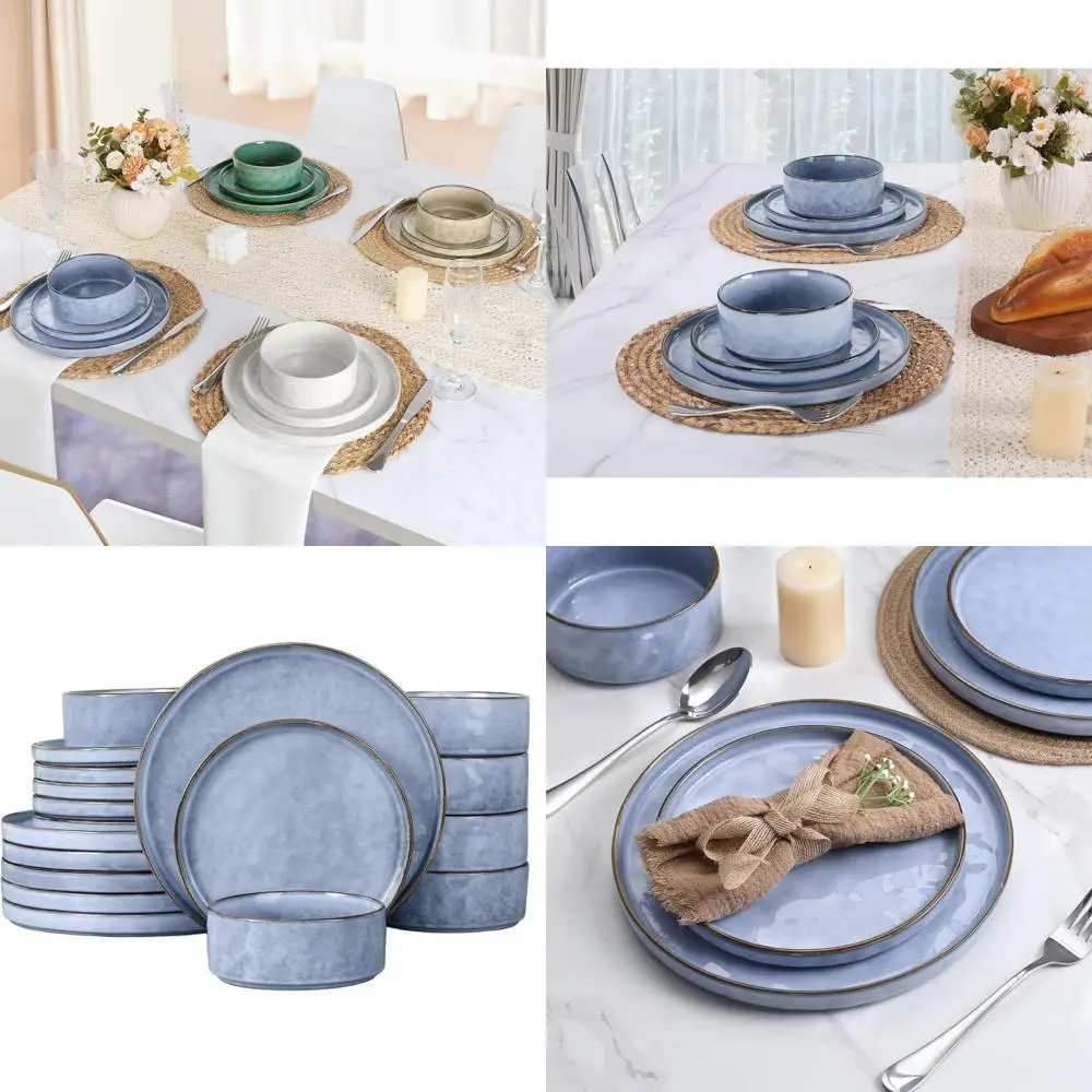 

18-Piece Stoneware Dinnerware Set: Serenity Blue Plates, Bowls, and More - Microwave & Dishwasher Safe