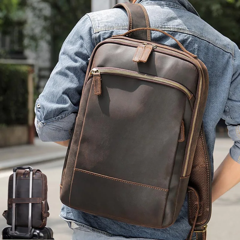 Luufan Crazy Horse Plecak męski z prawdziwej skóry Unisex Duża pojemność 15 "Plecak na laptopa Torba szkolna ze skóry bydlęcej Męska torba podróżna
