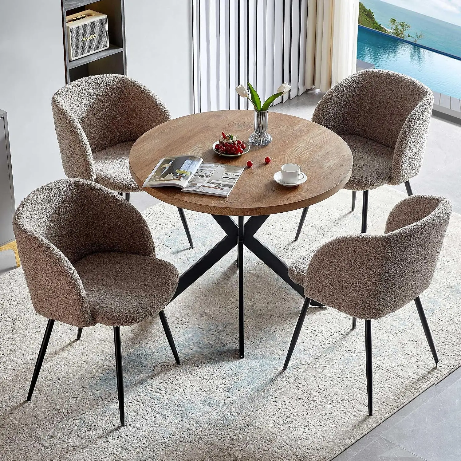 Round Dining Table & Chair Set 37-Inch Engineered Wood Light Brown Sherpa Armchair Black Metal Leg Small Space, Customized