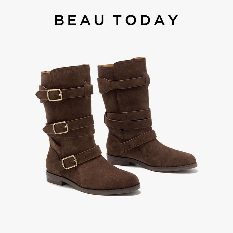 BEAUTODAY Western Boots Leather Women Cow Suede Round Toe Solid Color Buckle Wrap Strap Winter Ladies Shoes Handmade 02043