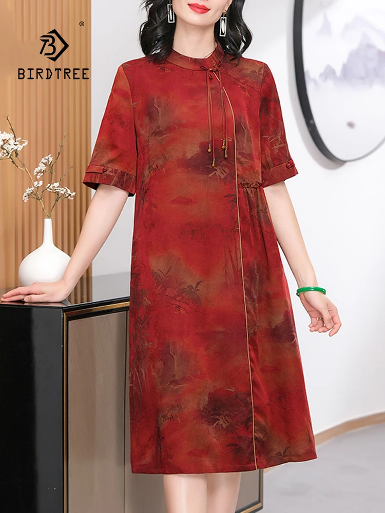 

BirdTree, 100%Real Silk XiangYunSha Elegant Dresses, Women Half Sleeve Print, Cheongsam Loose Retro Dress, 2024 Summer D44029QC