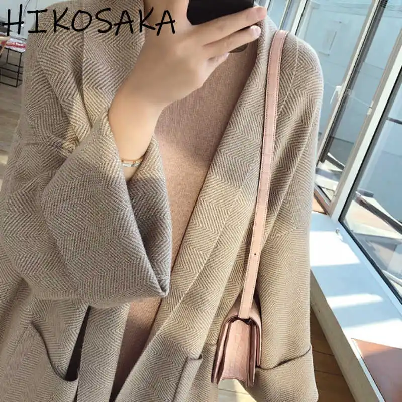 Korean Loose Casual Long Knit Cardigan Turn-down Collar Pockets Patchwork Open Stitch Sweaters Women Autumn Winter Knitwear Coat