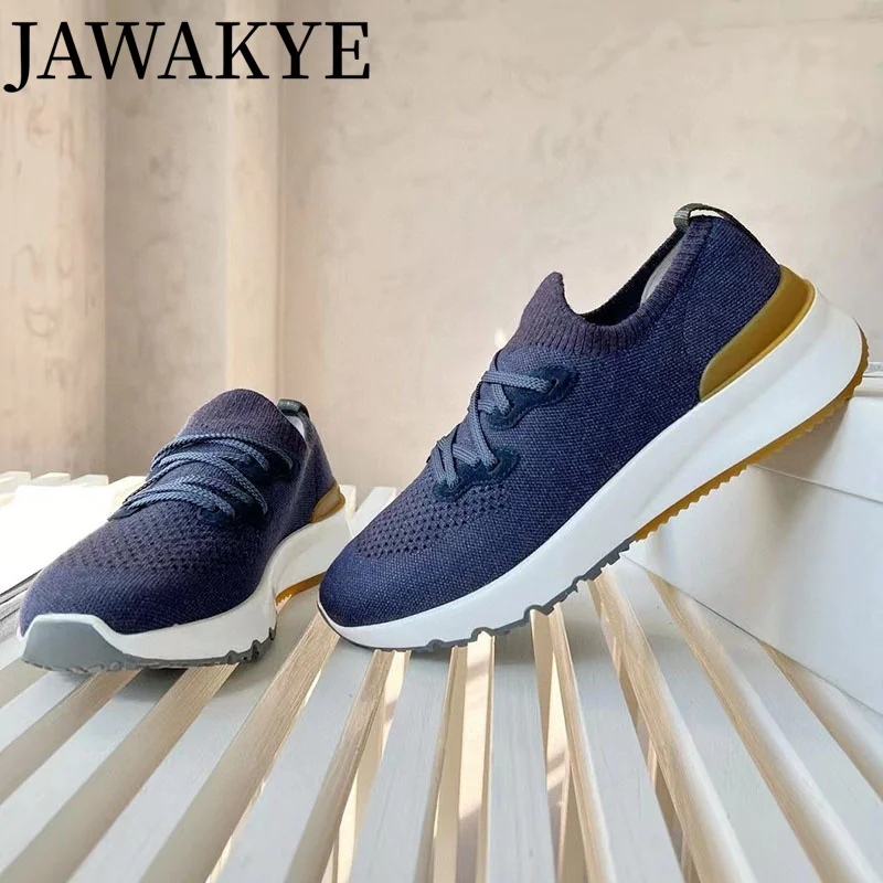 JAWAKYE 2024 Spring Men Sneakers Knitting Casual Flat Men\'s shoes Thick Bottom Ridged Sole Trainers Lace up Driving Shoes Men