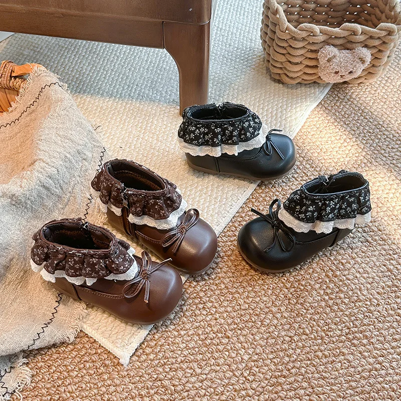 Kids'Boots PU Leather Autumn Bow Lace Fashion Outdoor Thick Bottom Shoes For Children Warm Anti-slip Black Brown Size 22-33