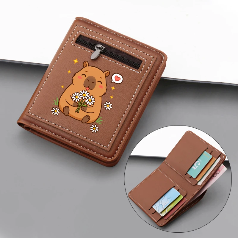 Cute Capybara ID Card Holder Wallet Cartoon Women Retro Pu Leather Coin Purse  Zipper Short Wallet Multiple Positions Billfolds