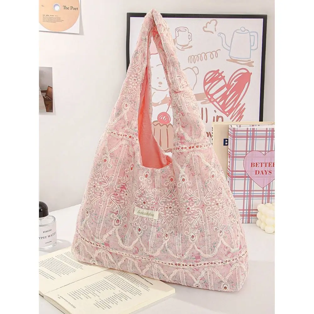 

Pink Floral Lace Shoulder Tote Bag. Large Capacity For Laptop, Cosmetics, Earphones, Sanitary Napkins And Small Items. Fashion