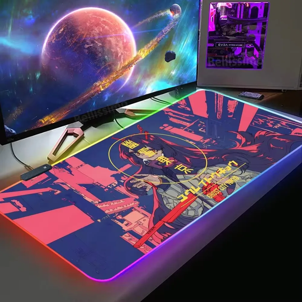 XXL Office Computer Lock Edge Desk Mat Anime Ghost Girl RGB Luminous Mouse Pad Desk Keyboard Large Pink Black Mat Girls Bedroom