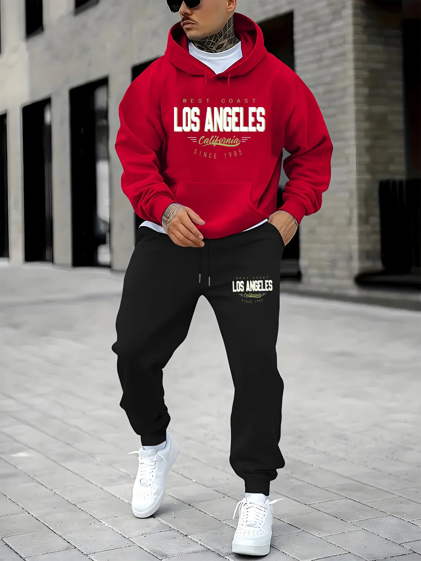 Ensemble sweat à capuche et pantalon de survêtement pour hommes, décontracté, chaud, Los Angeles, californie, côte ouest, imprimé, ample et peluche, automne et hiver