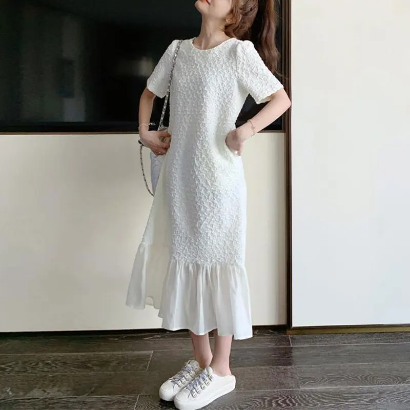 Women's Clothing Solid Color Dresses Casual Gauze Patchwork Summer O-Neck Fashionable Jacquard Weave Loose Straight Long Dress