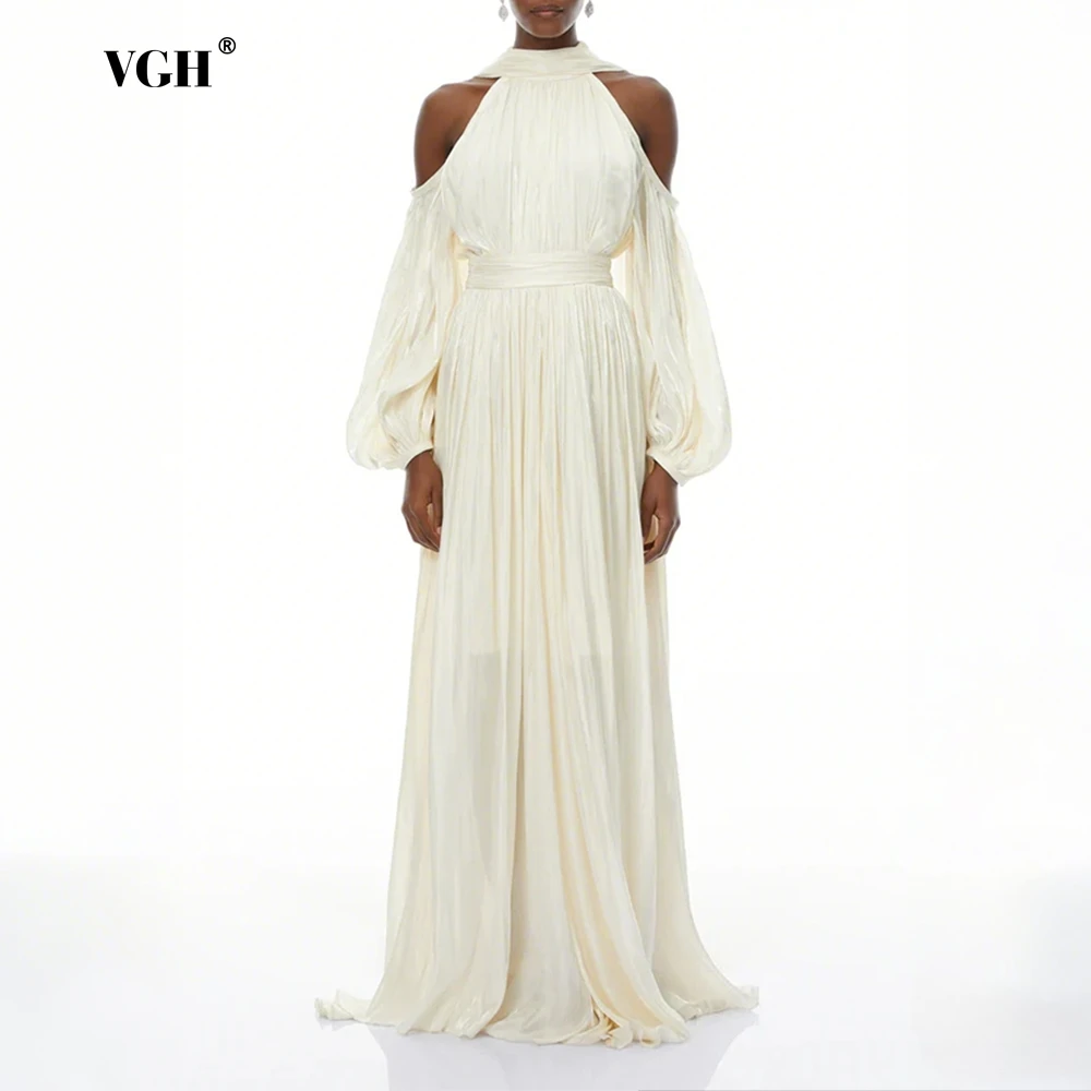 

VGH элегантное платье с открытыми плечами и лентой для женщин, роскошные вечерние платья с лямкой на шее и рукавами-фонариками, высокой талией