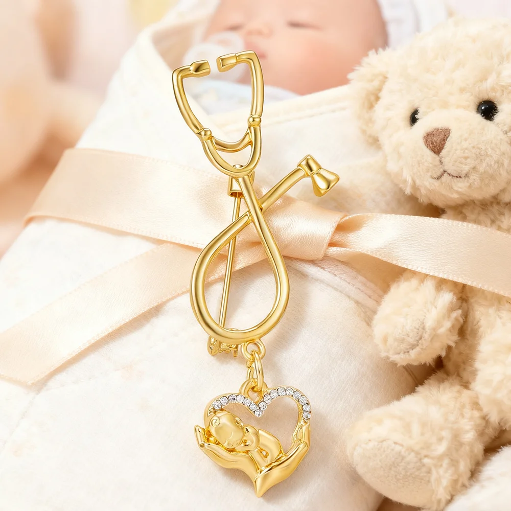 Hanreshe Newborn Stethoscope Heart Pin Baby Pendant Dangle Charm Brooch Medical Obstetrics Lapel Badge Jewelry for Doctor Nurse