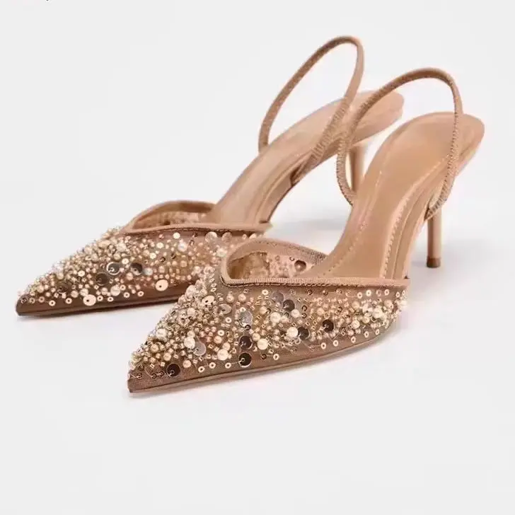Women's Shoes, Summer 2026 New Product, High Heels, Pointed Sequins, Beaded White-Collar Fashion, Women's Mueller Shoes