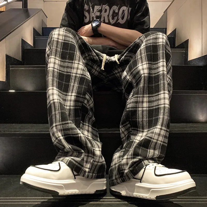 

American Retro Bla White Plaid Casual Pants Men Spring Autumn New Straight Loose Drapey Wide Leg Long Pants
