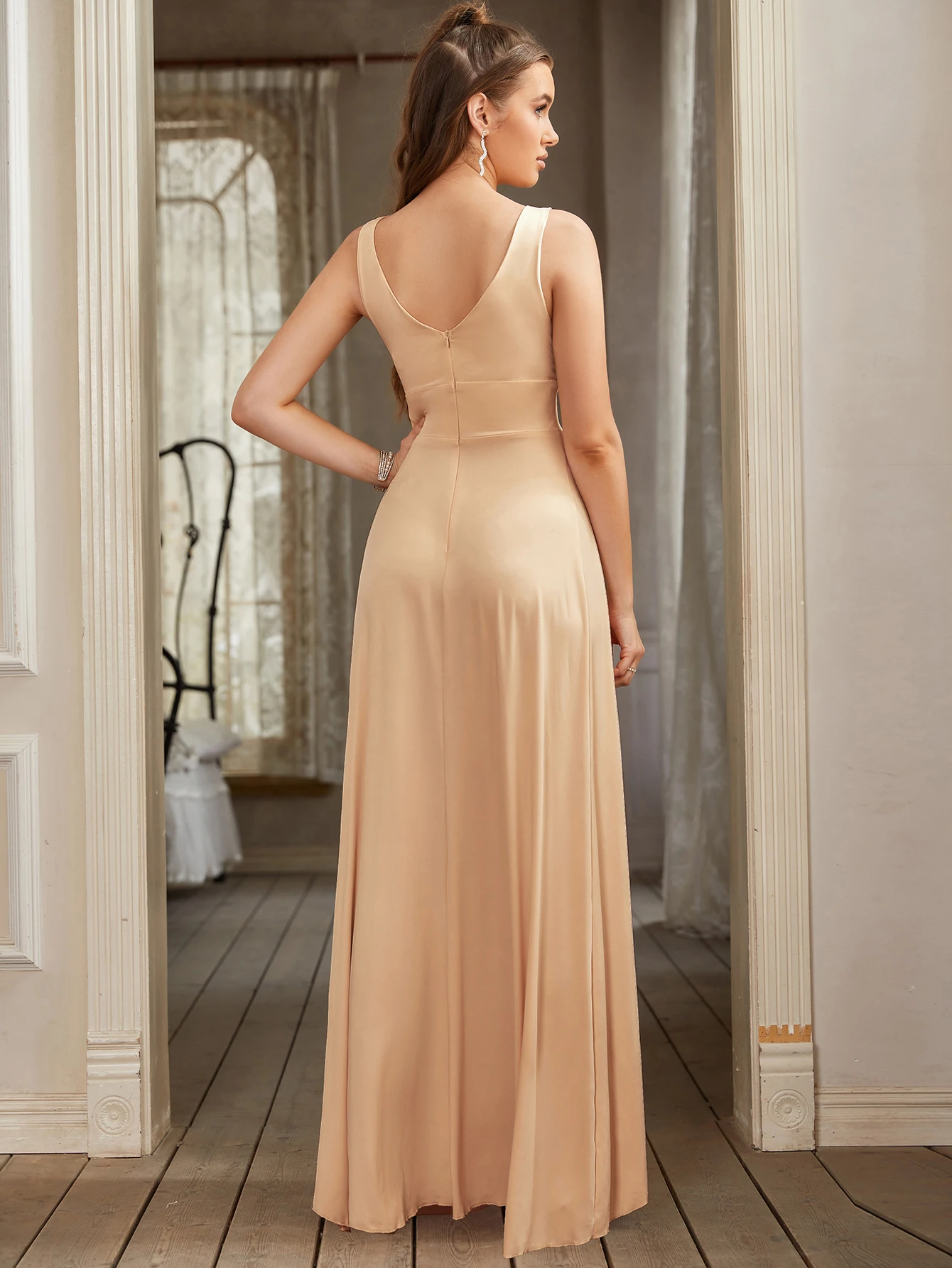 Women's Sexy V Neck Evening Dress with Side Split Solid Color Pleated Slim Fit Prom Dress for  Wedding Bridesmaid Dress