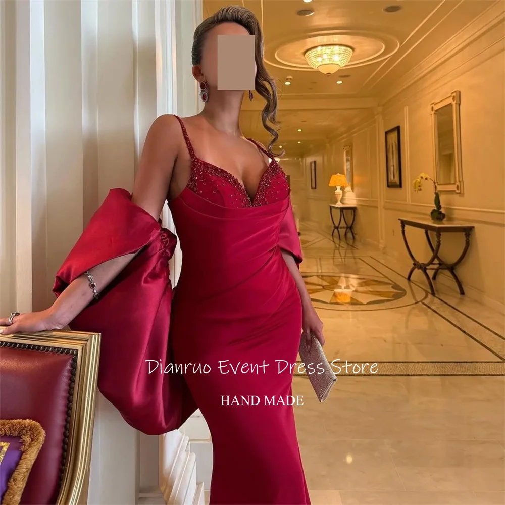 Dianruo فستان سهرة بحورية البحر باللون العنابي من الساتان بحزام سباغيتي فيستدو دي غالا فام مطرز بالخرز فساتين المشاهير السعودية حسب الطلب