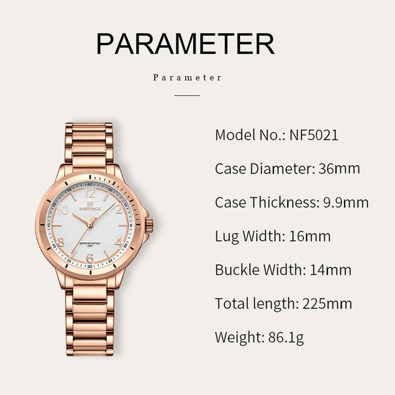 NAVIFORCE-Reloj de cuarzo con correa de acero inoxidable para Mujer, a la moda accesorio elegante, resistente al agua, NF5021