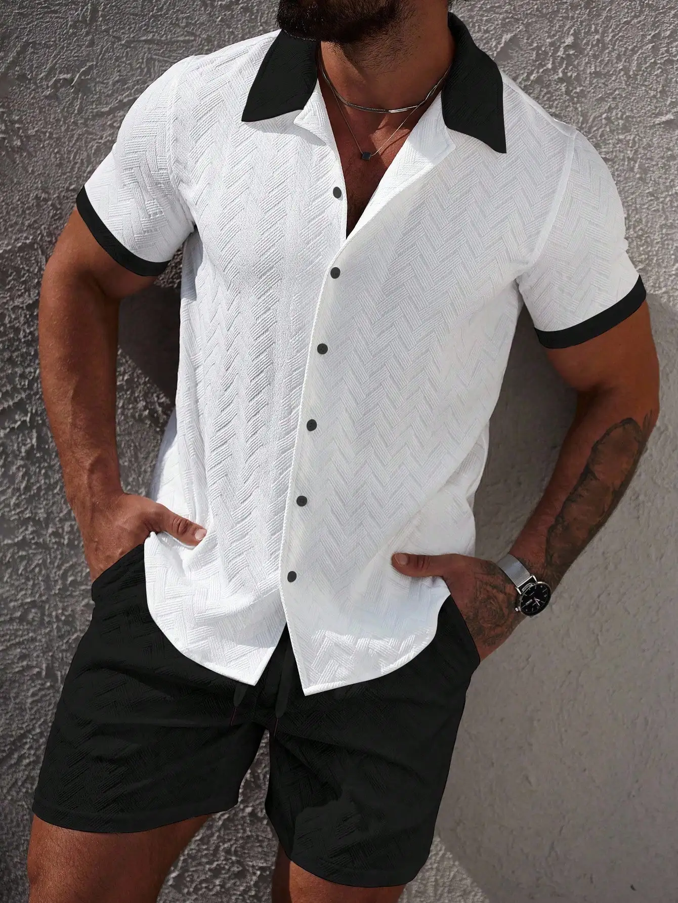 

Mens Summer Casual Textured Short Sleeve Shirt And Shorts Set