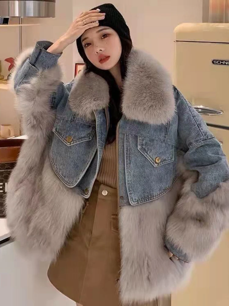 LANMREM Korean Style Faux Fur Spliced Coat Women Contrast Color Denim Patchwork Loose Warm Jackets Fashion Winter New 2VV251