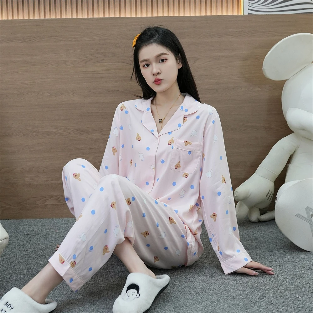 Women New Cardigan Long Sleeves Pants Pajamas Set Korean Casual Printed Homewear 2-piece Ladies Simple Breathable Sleepwear Suit