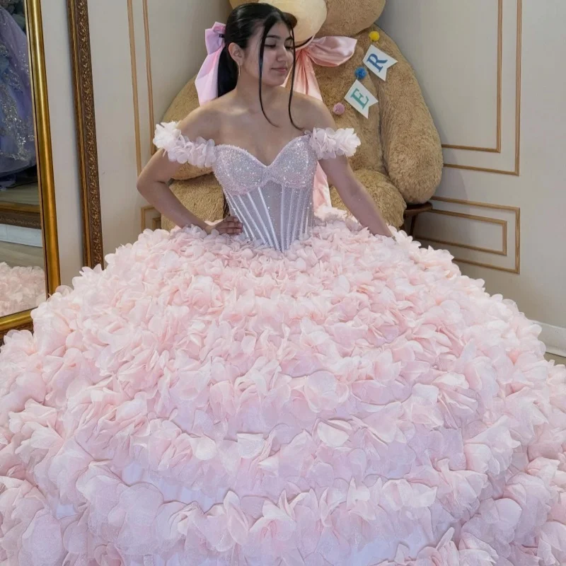 

Pink Quinceanera Dresses Off the Shoulder Crystal Lace 3D Flower Decal Long tail Vestidoe 15 Quinceanera Customize