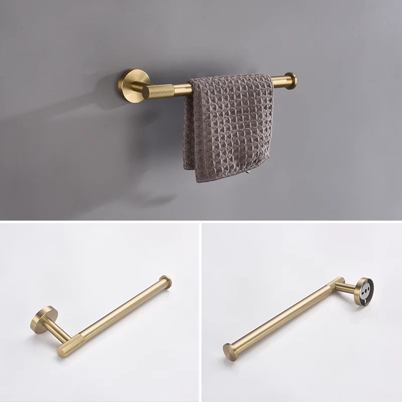 

High Quality Brushed Gold Wall Mount Stainless Steel Robe Hook Toilet Brush Paper Holder Towel Bar Rack Cup Holder Bathroom Kit